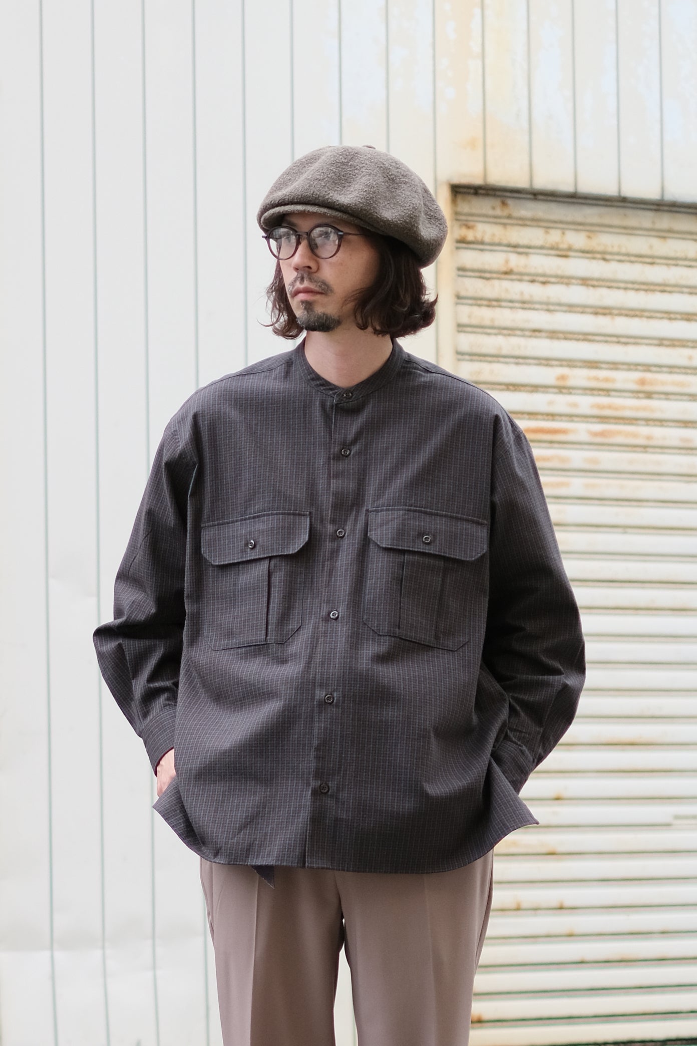 SANDINISTA "Band Collar Oversized Check Shirt" / サンディニスタ "バンドカラーオーバーサイズチェックシャツ"