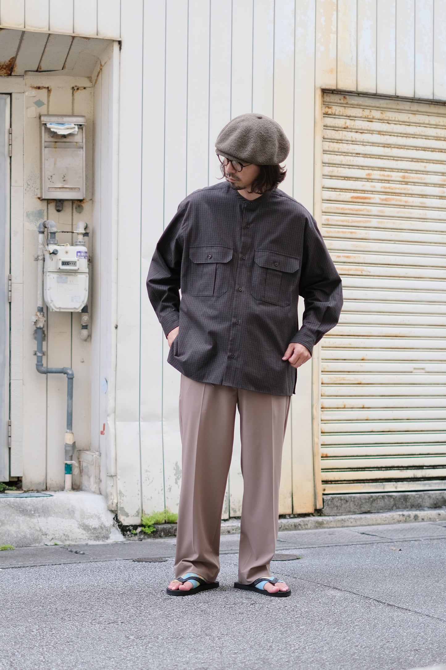 SANDINISTA "Band Collar Oversized Check Shirt" / サンディニスタ "バンドカラーオーバーサイズチェックシャツ"